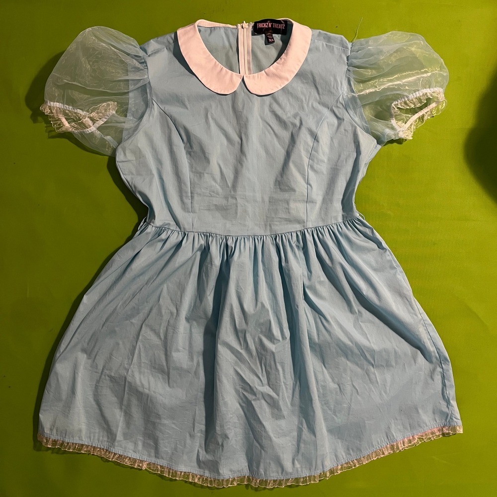 Trickz N Treatz Blue Babydoll Dress Peter Pan Collar Sheer Puff Sleeve XL
